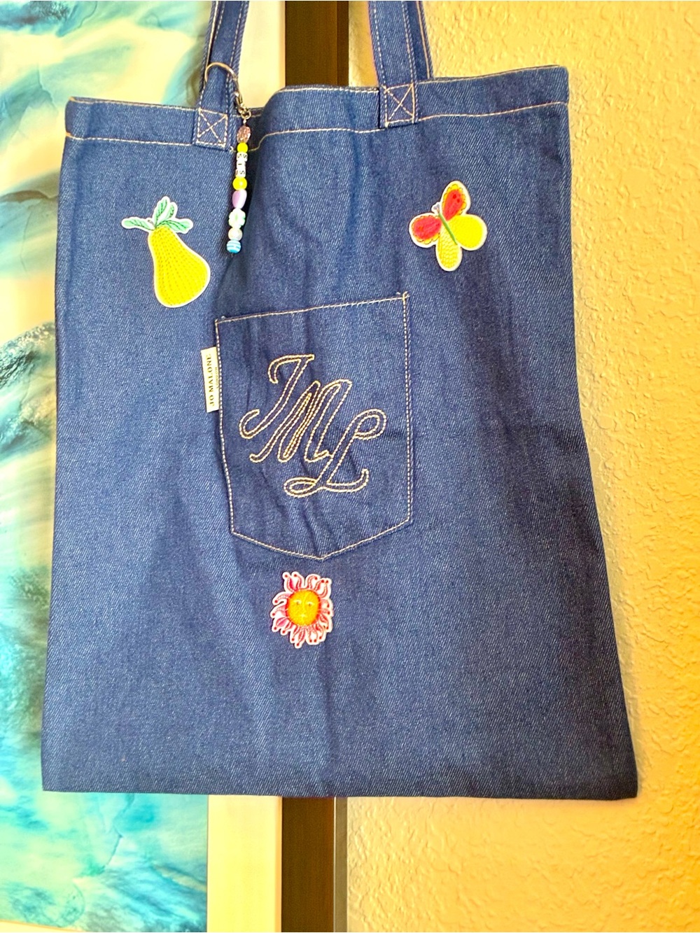 Boho!Jo Malone Navy Denim Pocket Top with Yellow Embroidery and Colorful Patches